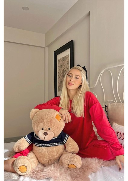 Kırmızı Thankful Desenli Exclusive Kadife Kadın Pijama Takımı fırsatları