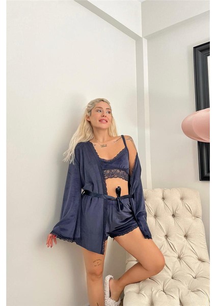 Lacivert Bralet Exclusive Kadife Sabahlıklı Kadın Pijama Takımı fiyatları