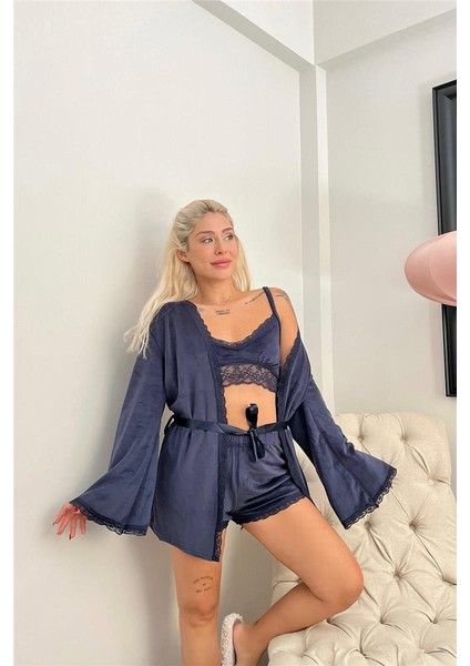 Lacivert Bralet Exclusive Kadife Sabahlıklı Kadın Pijama Takımı modelleri