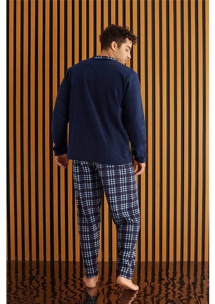 Lacivert Kırmızı Ekose Desenli polar erkek pijama takımı modelleri
