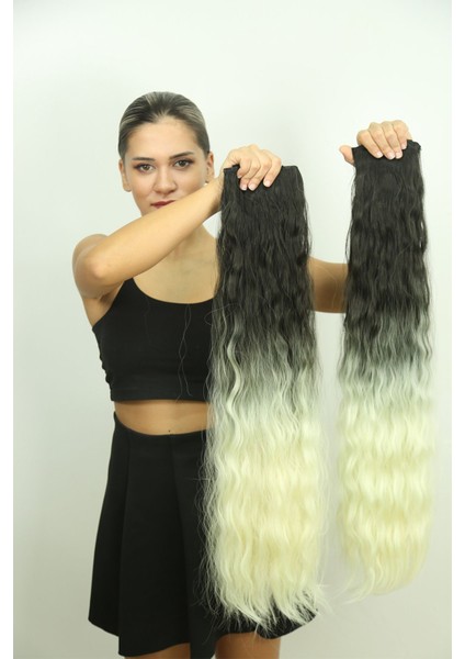 Siyah Beyaz Uzun Dalgalı Yarım Ay Saç - Fiber Sentetik Çıt Çıt - 3 Parça