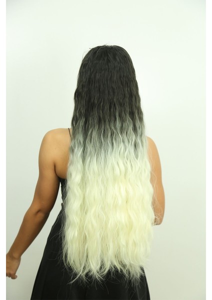 Siyah Beyaz Uzun Dalgalı Yarım Ay Saç - Fiber Sentetik Çıt Çıt - 3 Parça fiyatları