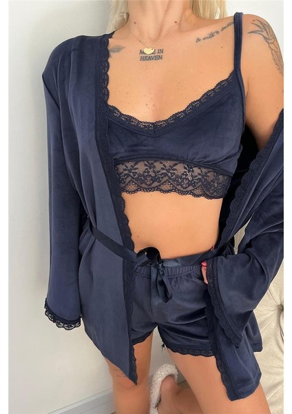 Lacivert Bralet Exclusive Kadife Sabahlıklı Kadın Pijama Takımı