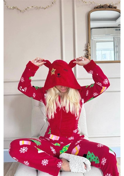 Kırmızı Crimson Desenli Kadın Polar Peluş Tulum Pijama