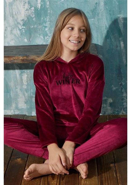 Bordo Winter Desenli Exclusive Kadife Kız Çocuk Pijama Takımı