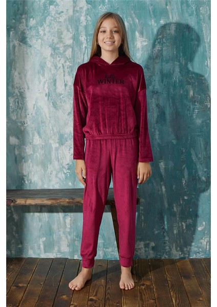 Bordo Winter Desenli Exclusive Kadife Kız Çocuk Pijama Takımı fiyatları