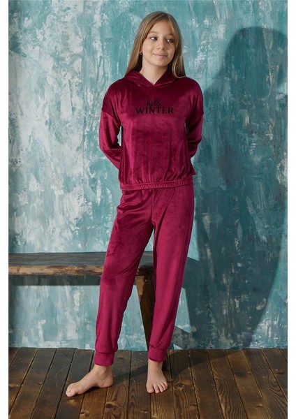 Bordo Winter Desenli Exclusive Kadife Kız Çocuk Pijama Takımı modelleri