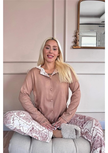 Kahve Etnik Desenli Termal Önden Düğmeli Kadın Pijama Takımı fiyatları