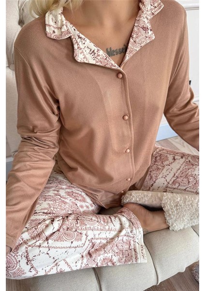 Kahve Etnik Desenli Termal Önden Düğmeli Kadın Pijama Takımı indirimleri