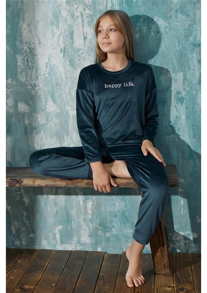 Petrol Happy Life Desenli Exclusive Kadife Kız Çocuk Pijama Takımı