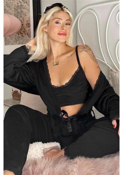 Siyah Crop Exclusive Kadife Sabahlıklı Kadın Pijama Takımı