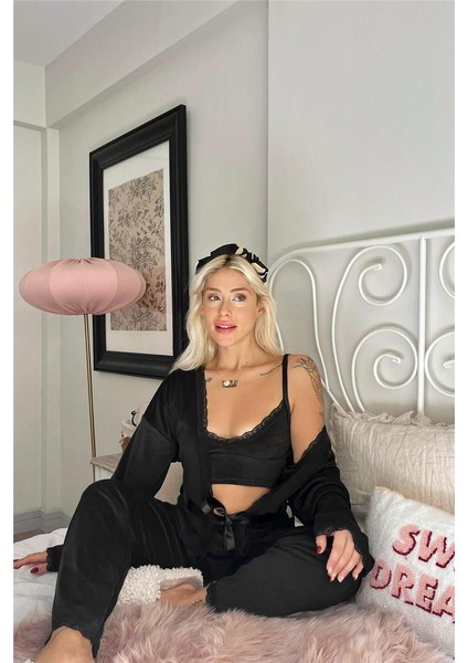 Siyah Crop Exclusive Kadife Sabahlıklı Kadın Pijama Takımı fiyatları