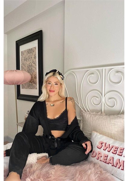 Siyah Crop Exclusive Kadife Sabahlıklı Kadın Pijama Takımı modelleri