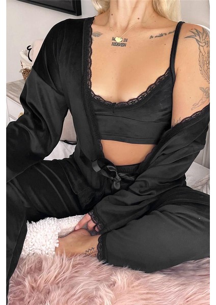 Siyah Crop Exclusive Kadife Sabahlıklı Kadın Pijama Takımı fırsatları