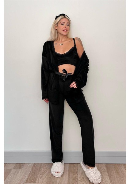 Siyah Crop Exclusive Kadife Sabahlıklı Kadın Pijama Takımı indirimleri
