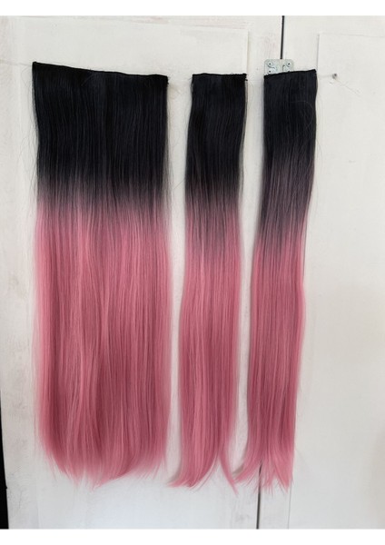 Siyah Pembe Düz Uzun Yarım Ay Saç - 3 Parça Çıt Çıt - 80 cm 270 gr