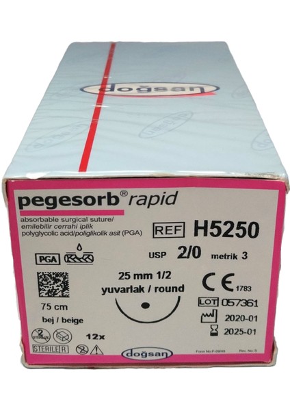 Pga Rapid Emilebilir 2-0 (3 Metrik) 75 cm Polygcolic Cerrahi Iplik Katküt 12 Adet
