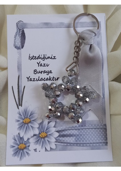 8mm Gri Cam Kristal Boncuklu Kurdelalı Kartlı Yıldız Anahtarlık 10 Adet