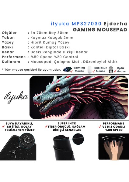 70X30 Ejderha Ilyuka MP327030 Büyük Boy Xl Gaming Mousepad Dikişli Kenar Kaymaz Taban 70X30CM