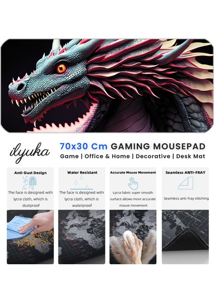 70X30 Ejderha Ilyuka MP327030 Büyük Boy Xl Gaming Mousepad Dikişli Kenar Kaymaz Taban 70X30CM