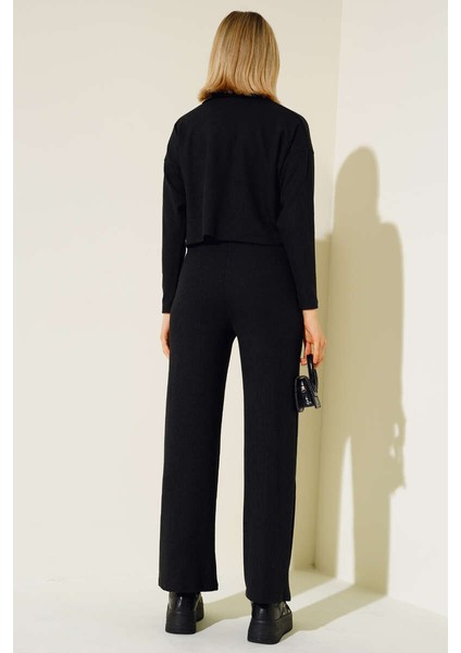 Kadın Siyah Uzun Kollu Düğmeli Bluz ve Yüksek Bel Bol Pantolon Ikili Takım fiyatları