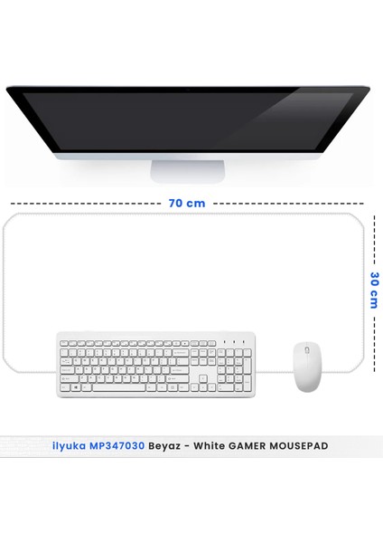 70X30 Logosuz Beyaz-White Ilyuka MP347030 Büyük Boy Xl Gaming Mousepad Dikişli Kenar Kaymaz Taban 70X30CM