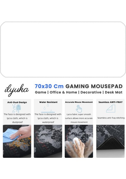 70X30 Logosuz Beyaz-White Ilyuka MP347030 Büyük Boy Xl Gaming Mousepad Dikişli Kenar Kaymaz Taban 70X30CM