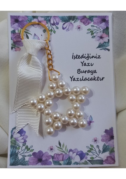 8mm Krem Inci Kartlı Kurdelalı Yıldız Anahtarlık 10 Adet