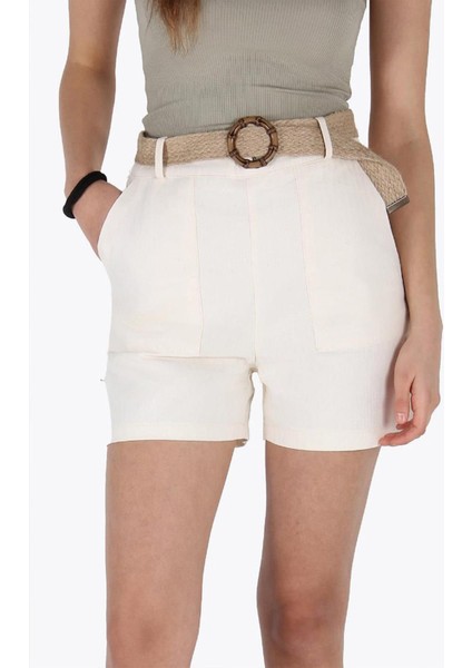 Kadın Naturel Beli Kemerli Balık Sırtı Gabardin Kumaş Şort fiyatları