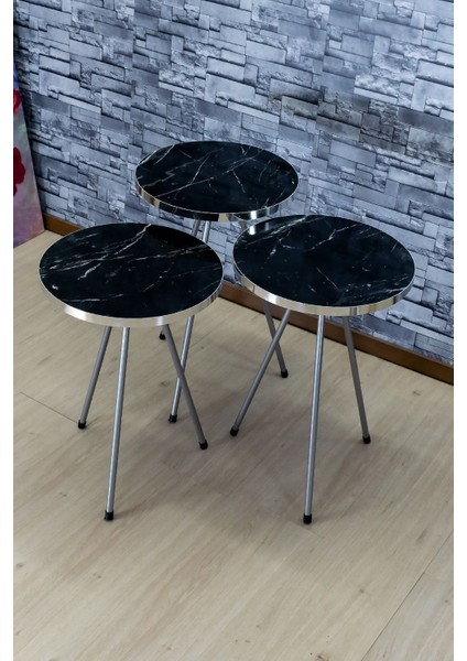 Zigon Sehpa 3'lü Gümüş Metal Ayak Gümüş Siyah Bendir 1069