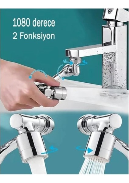 Krizantem 2li' Paslanmaz Krom Malzeme 1080 Derece Dönebilen 2 Fonksiyonlu Akrobat Musluk Ucu Başlığı