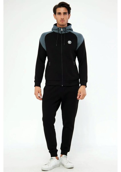 Erkek Siyah Önden Fermuarlı Kapüşonlu 3 Iplik Şardonlu Kışlık Eşofman Takımı EDY5723S