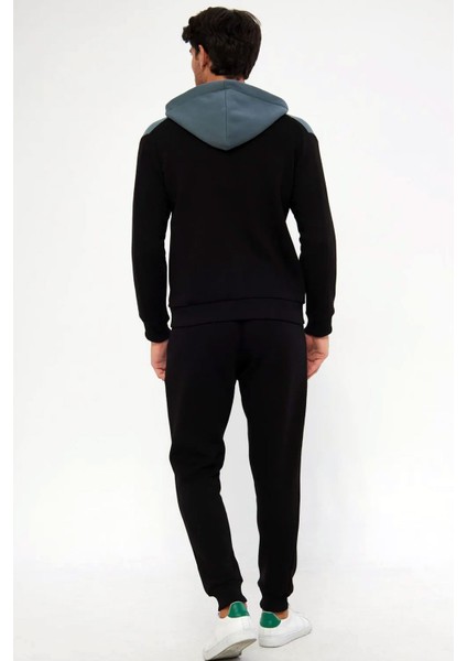 Erkek Siyah Önden Fermuarlı Kapüşonlu 3 Iplik Şardonlu Kışlık Eşofman Takımı EDY5723S fırsatları
