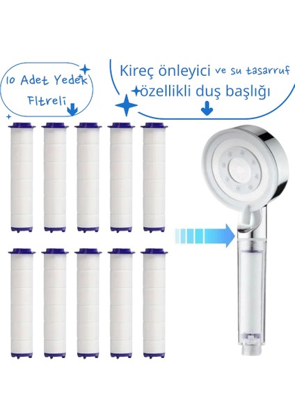 5 Fonksiyonlu Su Tasarruflu Yüksek Basınçlı El Duşu ve 10 Adet Yedek Filtre