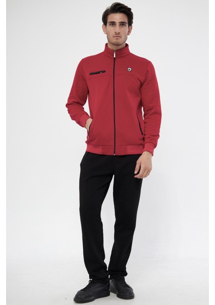 Erkek Kırmızı Yarım Balıkçı Yaka Düz Paça 3 Iplik Şardonlu Kışlık Eşofman Takımı EDY201501K