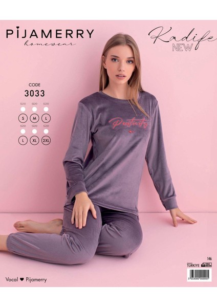 Kadın Kışlık Bisiklet Yaka Kadife Pijama Takımı 3033A - 1 Adet