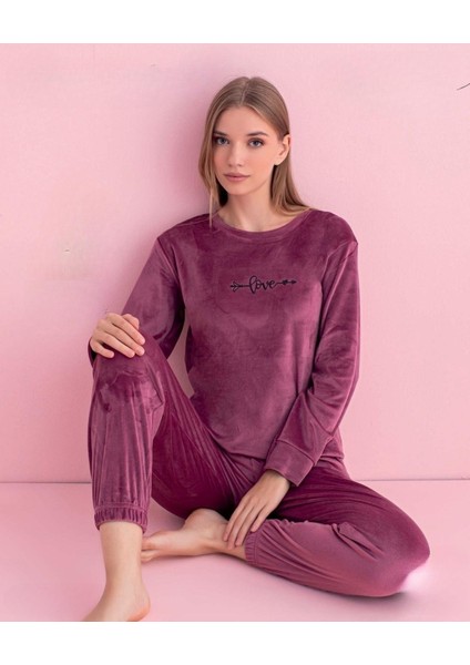 Kadın Kışlık Bisiklet Yaka Kadife Pijama Takımı 3030G - 1 Adet