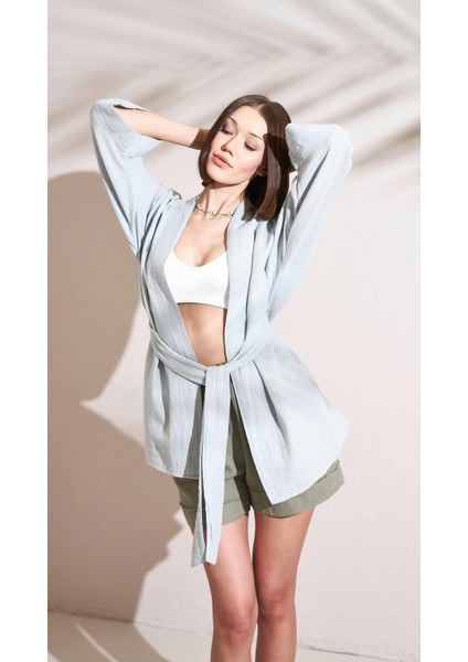 Kadın Gri Müslin Kumaş Kuşaklı Kimono