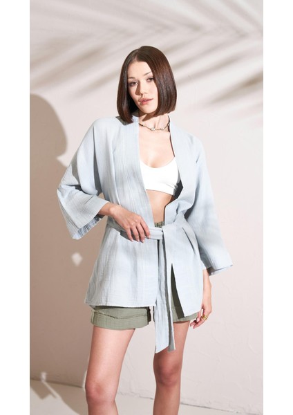 Kadın Gri Müslin Kumaş Kuşaklı Kimono fiyatları