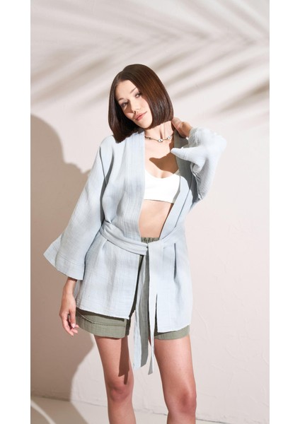 Kadın Gri Müslin Kumaş Kuşaklı Kimono modelleri