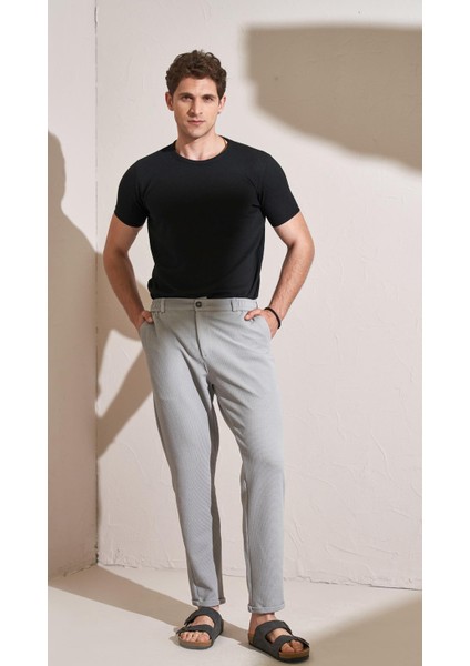 Erkek Gri Beli Yarım Lastikli Double Paça Karya Pantolon