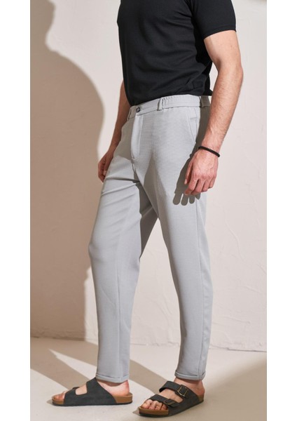 Erkek Gri Beli Yarım Lastikli Double Paça Karya Pantolon