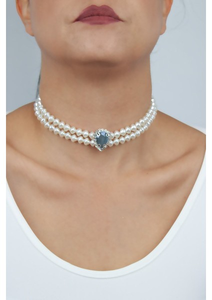 Kristal Taşlı Inci Choker Kolye