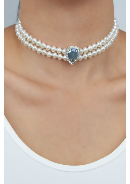 Kristal Taşlı Inci Choker Kolye
