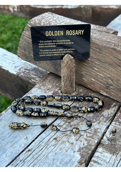 Kehribar Tesbih - Golden Rosary, Sertifikalı, Altınlı, Isim Yazılabilir Özel Ahşap Kutulu