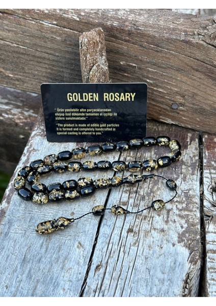 Kehribar Tesbih - Golden Rosary, Sertifikalı, Altınlı, Isim Yazılabilir Özel Ahşap Kutulu