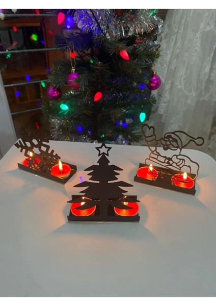 Dekoratif 3'lü Set Noel Baba Çam Ağacı Yılbaşı Temalı Tealight Mumluk Obje