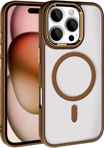Apple iPhone 16 Pro Uyumlu Kılıf Wireless Şarj Özellikli Zore Krom Magsafe Silikon Kapak, Rose Brown
