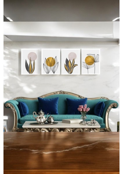 Bebekokusu 4 Parça (25x40) Büyük Boy Uv Baskı Mdf Gold Çiçek Lüks Salon Tablo Poster Seti - Set-151