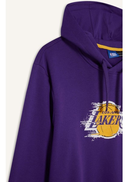 DeFactoFit NBA Los Angeles Lakers Standart Fit Kapüşonlu Baskılı Kalın Sporcu Sweatshirt D8512AX24AU